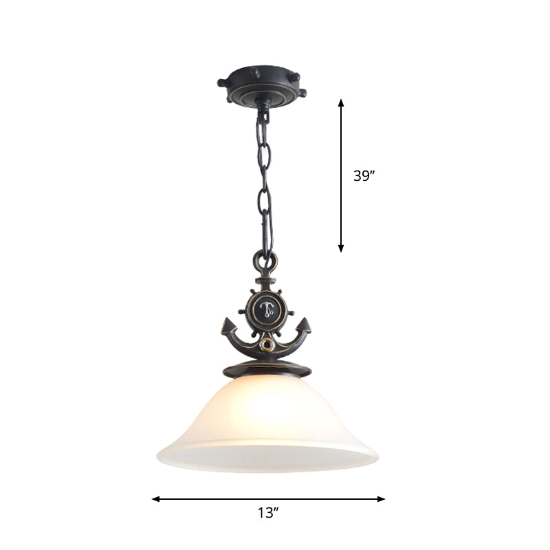 Column/Bell Ceiling Hang Fixture Nordic Opal Glass 1-Head Black Suspension Pendant with Anchor Top, 4"/13" Width Clearhalo 'Ceiling Lights' 'Close To Ceiling Lights' 'Glass shade' 'Glass' 'Pendant Lights' 'Pendants' Lighting' 1866520