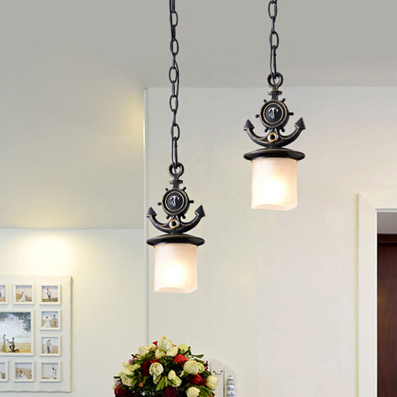 Column/Bell Ceiling Hang Fixture Nordic Opal Glass 1-Head Black Suspension Pendant with Anchor Top, 4"/13" Width Clearhalo 'Ceiling Lights' 'Close To Ceiling Lights' 'Glass shade' 'Glass' 'Pendant Lights' 'Pendants' Lighting' 1866522