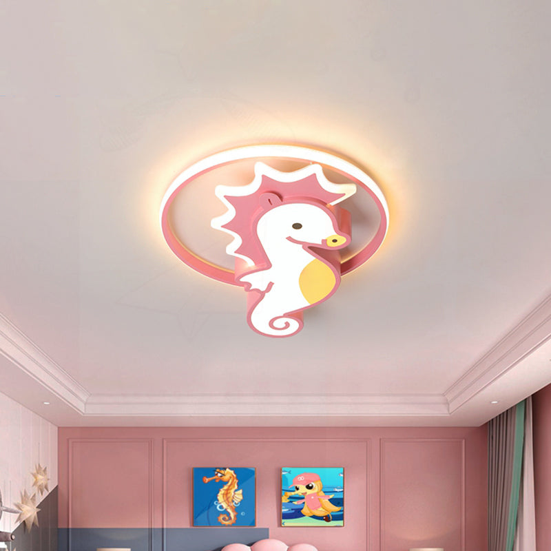 LED Nursery Flush Mount Light Cartoon Pink Ceiling Lighting with Sea Horse Metal Shade Clearhalo 'Ceiling Lights' 'Close To Ceiling Lights' 'Close to ceiling' 'Flush mount' Lighting' 1866564