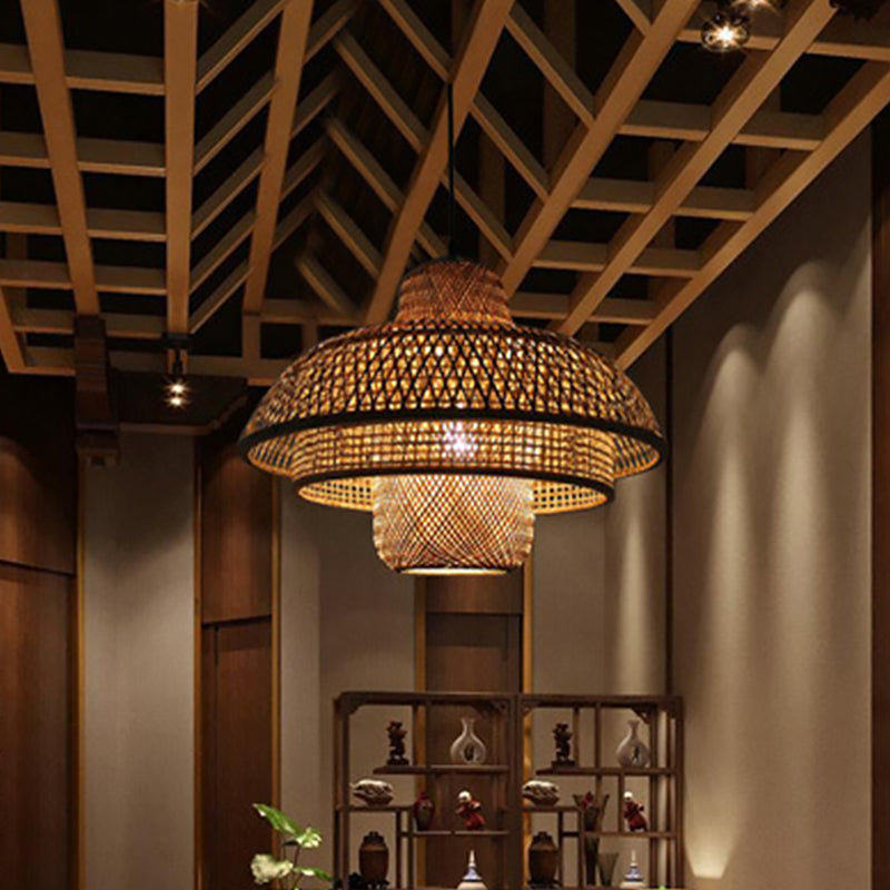 3-Tier Round Cage Pendant Lamp Fixture Asia Bamboo 1 Light Restaurant Suspension Lighting in Beige Beige Clearhalo 'Ceiling Lights' 'Pendant Lights' 'Pendants' Lighting' 1866608_1926f6a1-c3f4-4f25-b941-3ddf1839c35e