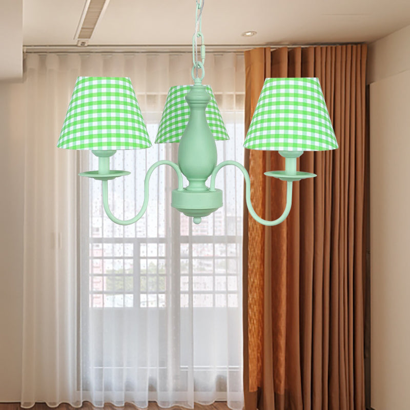 Green Plaid Shade Chandelier Three Bulbs Kids Modern Metal Hanging Light for Bedroom Green Clearhalo 'Ceiling Lights' 'Chandeliers' Lighting' options 186660_a43f9778-a6d4-4360-932b-6eed0297df15