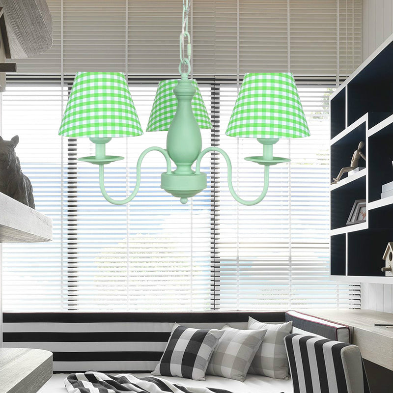 Green Plaid Shade Chandelier Three Bulbs Kids Modern Metal Hanging Light for Bedroom Clearhalo 'Ceiling Lights' 'Chandeliers' Lighting' options 186661