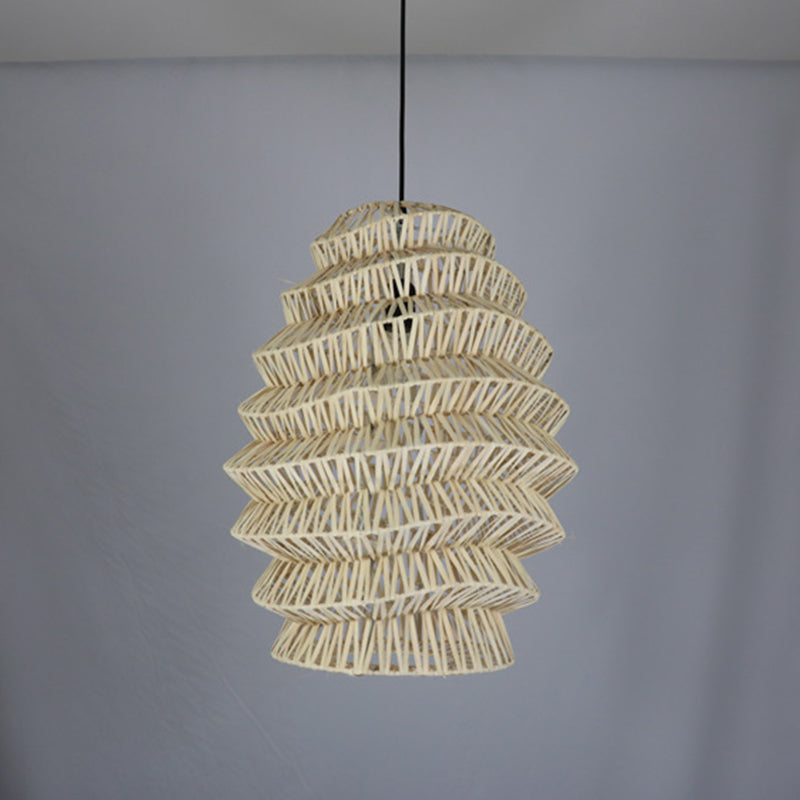 Rural Woven Lantern Pendulum Light Bamboo 1-Head Tea Room Hanging Lamp Kit in Beige Beige A Clearhalo 'Ceiling Lights' 'Pendant Lights' 'Pendants' Lighting' 1866612_bd371b1e-a000-4e56-8990-e05c5f75d625