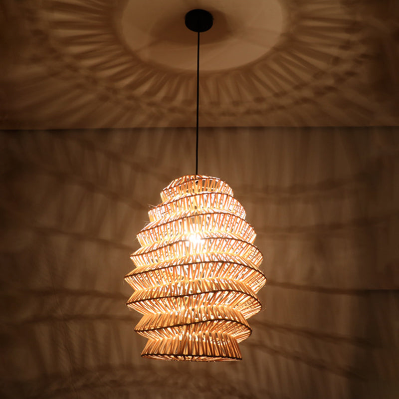 Rural Woven Lantern Pendulum Light Bamboo 1-Head Tea Room Hanging Lamp Kit in Beige Clearhalo 'Ceiling Lights' 'Pendant Lights' 'Pendants' Lighting' 1866613