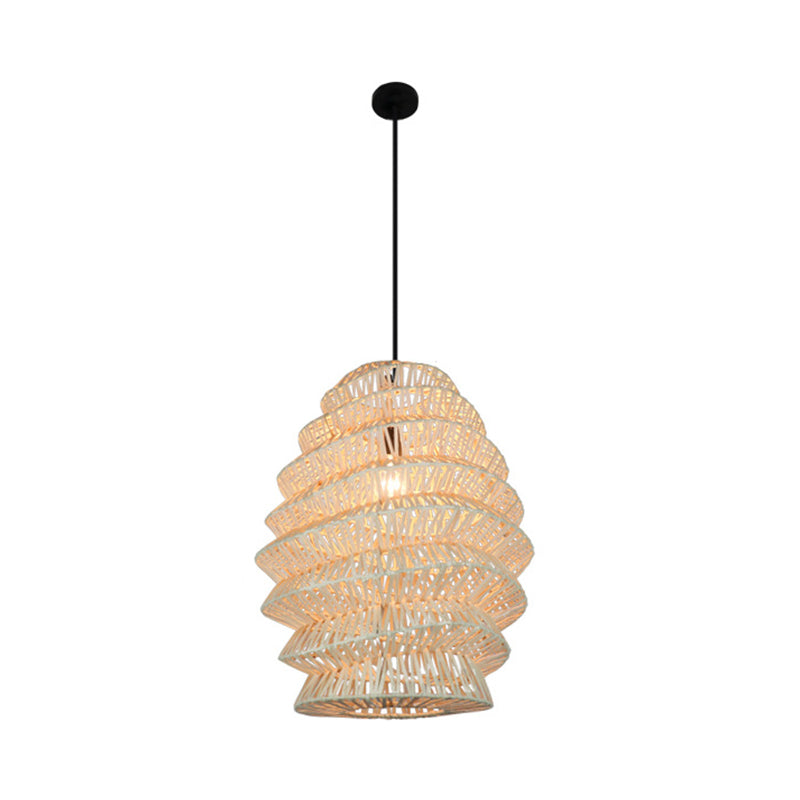 Rural Woven Lantern Pendulum Light Bamboo 1-Head Tea Room Hanging Lamp Kit in Beige Clearhalo 'Ceiling Lights' 'Pendant Lights' 'Pendants' Lighting' 1866614