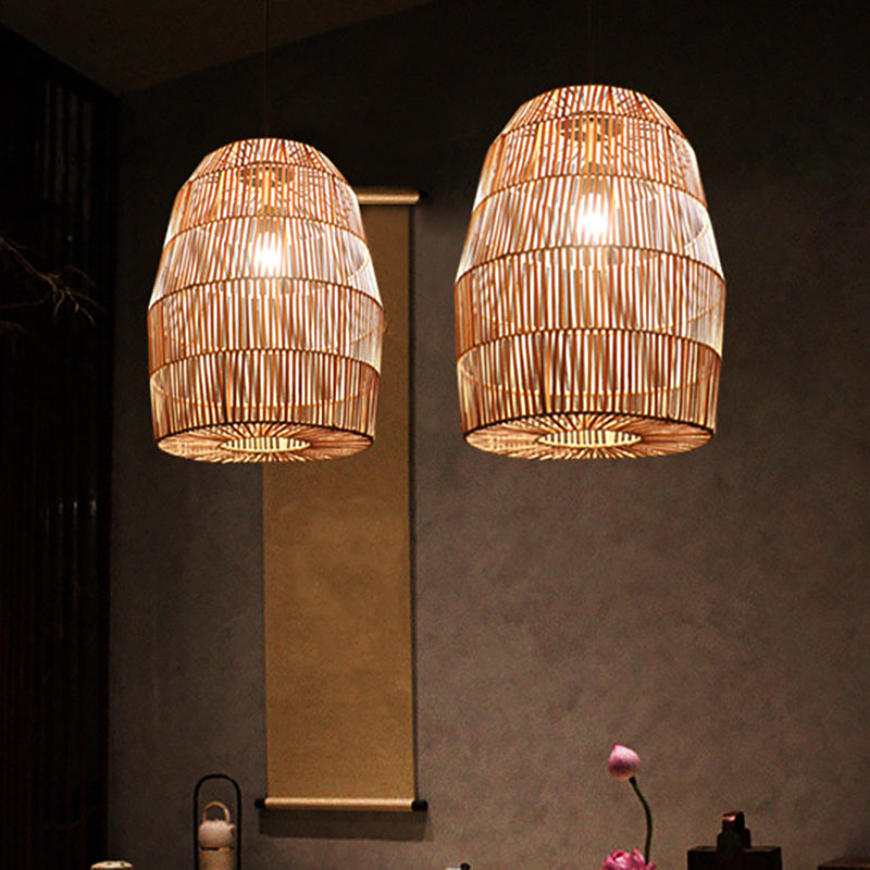 Rural Woven Lantern Pendulum Light Bamboo 1-Head Tea Room Hanging Lamp Kit in Beige Clearhalo 'Ceiling Lights' 'Pendant Lights' 'Pendants' Lighting' 1866617