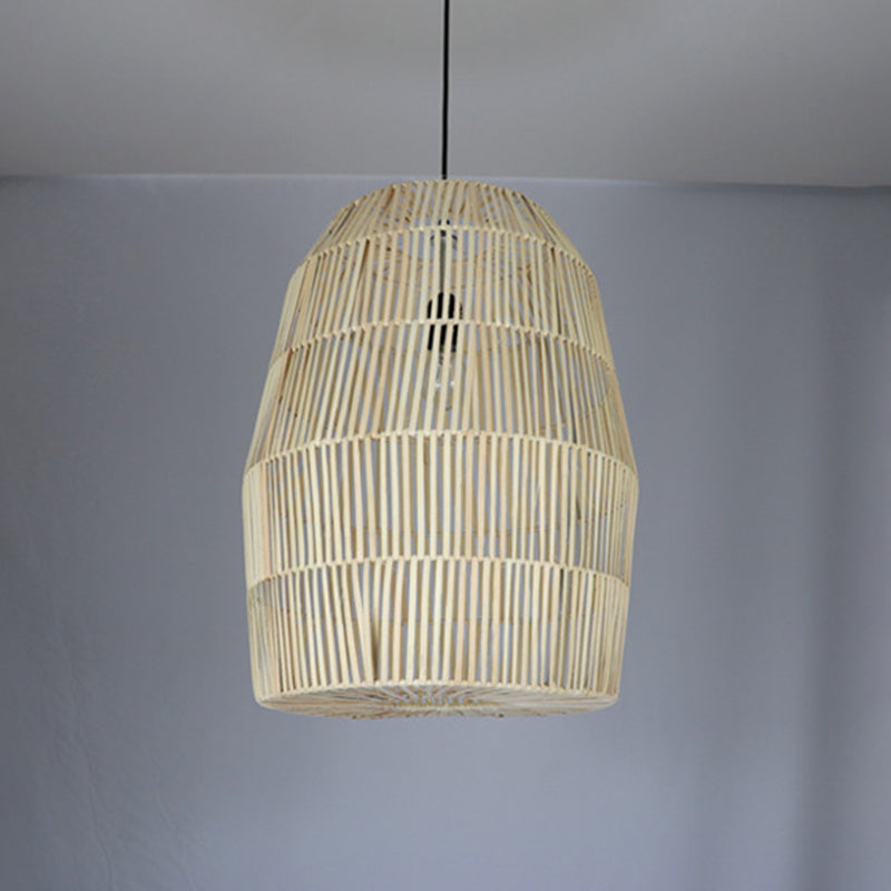 Rural Woven Lantern Pendulum Light Bamboo 1-Head Tea Room Hanging Lamp Kit in Beige Clearhalo 'Ceiling Lights' 'Pendant Lights' 'Pendants' Lighting' 1866618