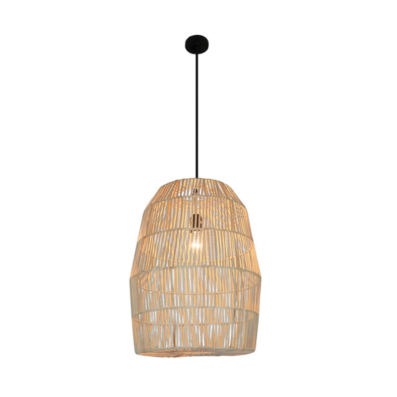 Rural Woven Lantern Pendulum Light Bamboo 1-Head Tea Room Hanging Lamp Kit in Beige Clearhalo 'Ceiling Lights' 'Pendant Lights' 'Pendants' Lighting' 1866619