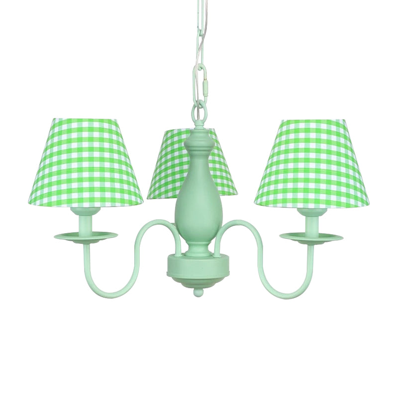 Green Plaid Shade Chandelier Three Bulbs Kids Modern Metal Hanging Light for Bedroom Clearhalo 'Ceiling Lights' 'Chandeliers' Lighting' options 186662
