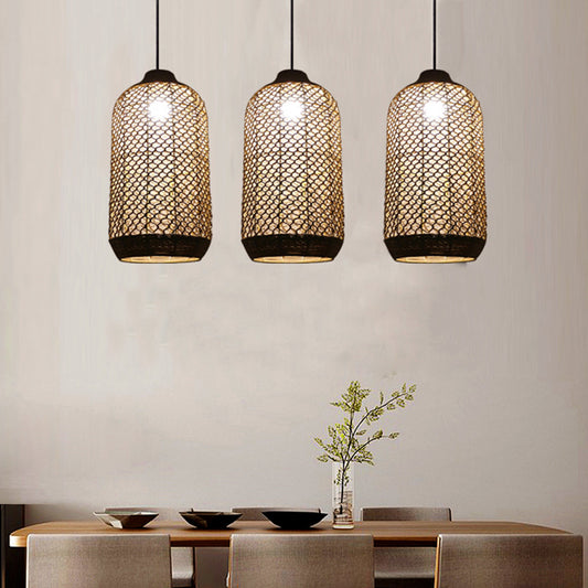 1 Light Dining Room Drop Pendant Chinese Style Beige Hanging Lamp Fixture with Woven Lantern Bamboo Shade Clearhalo 'Ceiling Lights' 'Pendant Lights' 'Pendants' Lighting' 1866621