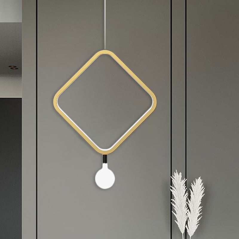 Round/Rhombus Bedside Pendant Lamp Aluminum Minimal LED Hanging Lamp in Brass with Ball Milk Glass Shade, Warm/White Light Brass Rhombus Clearhalo 'Ceiling Lights' 'Modern Pendants' 'Modern' 'Pendant Lights' 'Pendants' Lighting' 1866637