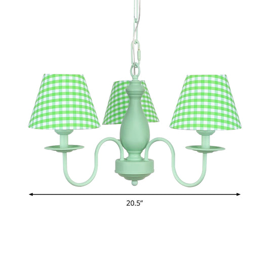 Green Plaid Shade Chandelier Three Bulbs Kids Modern Metal Hanging Light for Bedroom Clearhalo 'Ceiling Lights' 'Chandeliers' Lighting' options 186663