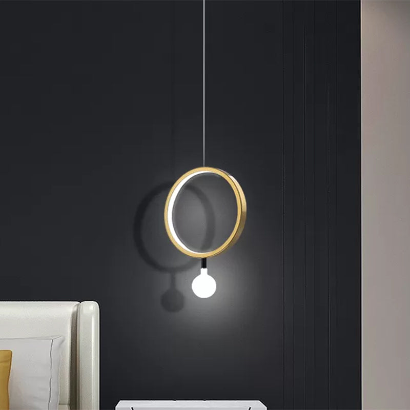 Round/Rhombus Bedside Pendant Lamp Aluminum Minimal LED Hanging Lamp in Brass with Ball Milk Glass Shade, Warm/White Light Brass Round Clearhalo 'Ceiling Lights' 'Modern Pendants' 'Modern' 'Pendant Lights' 'Pendants' Lighting' 1866641