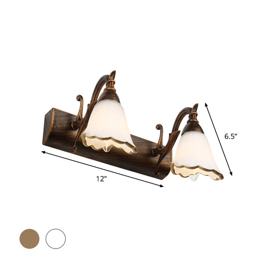 Floral Opal Glass Wall Light Fixture Simple 2/3-Light Bronze/Distressed White Wall Mounted Lighting with Curved Arm Clearhalo 'Cast Iron' 'Glass' 'Industrial' 'Modern wall lights' 'Modern' 'Tiffany' 'Traditional wall lights' 'Vanity Lights' 'Wall Lights' Lighting' 1866661