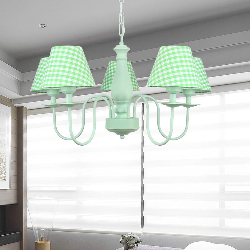 Macaron Loft Plaid Shade Chandelier Metal 4 Lights Green Hanging Light for Nursing Room Green Clearhalo 'Ceiling Lights' 'Chandeliers' Lighting' options 186676_a8998e33-42fd-4f67-9099-97201803db7e