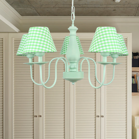 Macaron Loft Plaid Shade Chandelier Metal 4 Lights Green Hanging Light for Nursing Room Clearhalo 'Ceiling Lights' 'Chandeliers' Lighting' options 186677