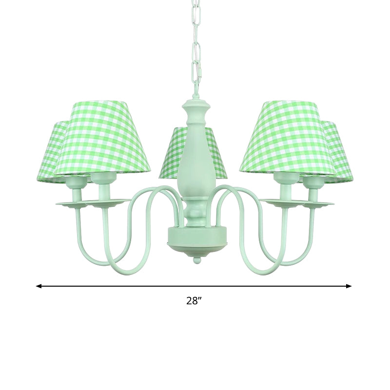 Macaron Loft Plaid Shade Chandelier Metal 4 Lights Green Hanging Light for Nursing Room Clearhalo 'Ceiling Lights' 'Chandeliers' Lighting' options 186679