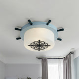 White Glass Drum Flush Ceiling Light Kids LED Flush Mount Fixture with Rudder Blue/Brown Canopy Blue Clearhalo 'Ceiling Lights' 'Close To Ceiling Lights' 'Close to ceiling' 'Flush mount' Lighting' 1866830