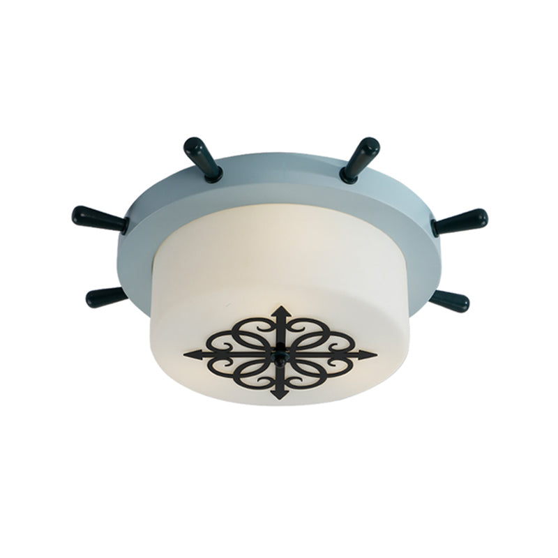 White Glass Drum Flush Ceiling Light Kids LED Flush Mount Fixture with Rudder Blue/Brown Canopy Clearhalo 'Ceiling Lights' 'Close To Ceiling Lights' 'Close to ceiling' 'Flush mount' Lighting' 1866831