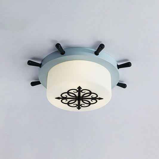 White Glass Drum Flush Ceiling Light Kids LED Flush Mount Fixture with Rudder Blue/Brown Canopy Clearhalo 'Ceiling Lights' 'Close To Ceiling Lights' 'Close to ceiling' 'Flush mount' Lighting' 1866832