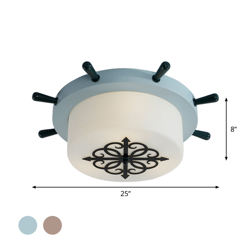 White Glass Drum Flush Ceiling Light Kids LED Flush Mount Fixture with Rudder Blue/Brown Canopy Clearhalo 'Ceiling Lights' 'Close To Ceiling Lights' 'Close to ceiling' 'Flush mount' Lighting' 1866833