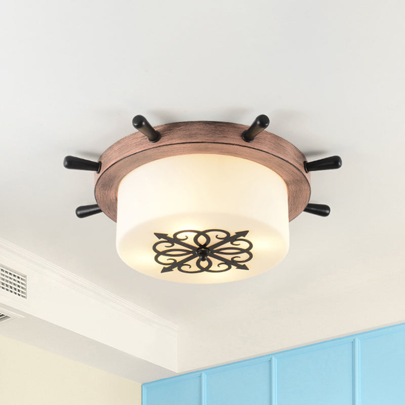 White Glass Drum Flush Ceiling Light Kids LED Flush Mount Fixture with Rudder Blue/Brown Canopy Brown Clearhalo 'Ceiling Lights' 'Close To Ceiling Lights' 'Close to ceiling' 'Flush mount' Lighting' 1866834