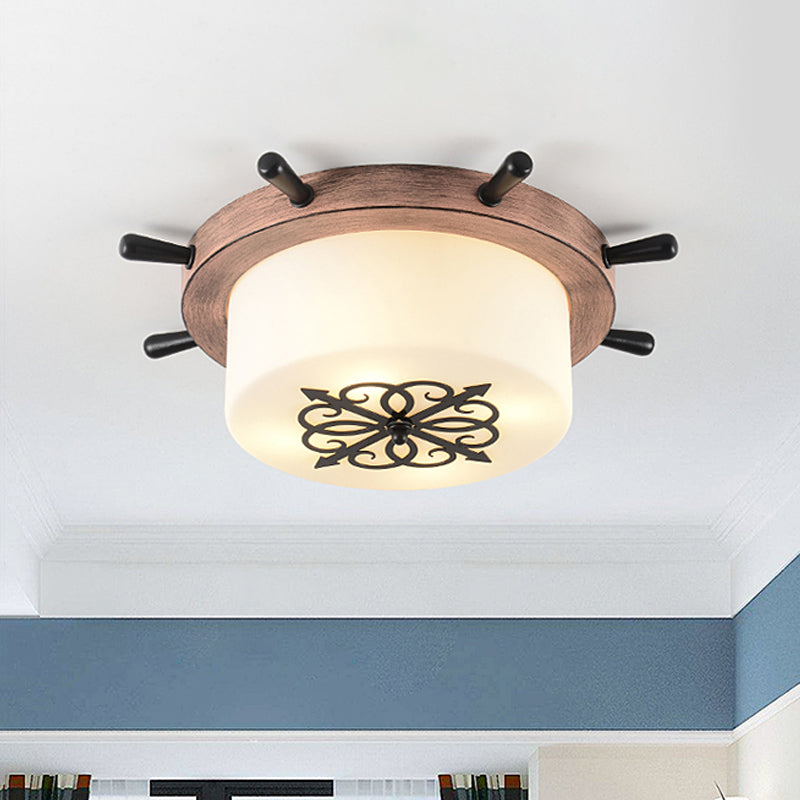 White Glass Drum Flush Ceiling Light Kids LED Flush Mount Fixture with Rudder Blue/Brown Canopy Clearhalo 'Ceiling Lights' 'Close To Ceiling Lights' 'Close to ceiling' 'Flush mount' Lighting' 1866835