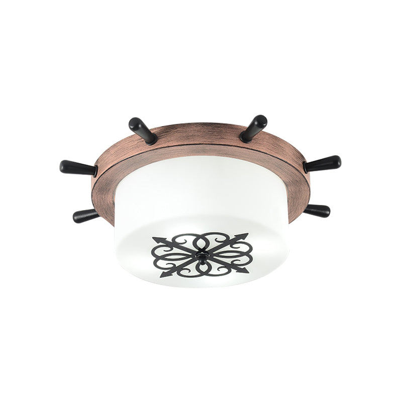 White Glass Drum Flush Ceiling Light Kids LED Flush Mount Fixture with Rudder Blue/Brown Canopy Clearhalo 'Ceiling Lights' 'Close To Ceiling Lights' 'Close to ceiling' 'Flush mount' Lighting' 1866836