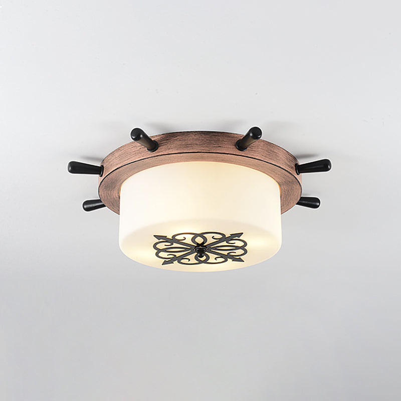 White Glass Drum Flush Ceiling Light Kids LED Flush Mount Fixture with Rudder Blue/Brown Canopy Clearhalo 'Ceiling Lights' 'Close To Ceiling Lights' 'Close to ceiling' 'Flush mount' Lighting' 1866837