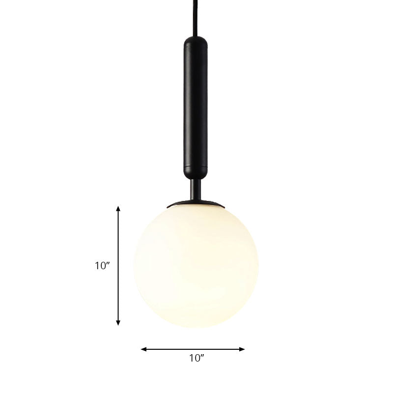 Spherical White Glass Suspension Pendant Modernist 1 Light 6"/8"/10" Wide Black/Gold Hanging Light Fixture Clearhalo 'Ceiling Lights' 'Glass shade' 'Glass' 'Island Lights' 'Modern Pendants' 'Modern' 'Pendant Lights' 'Pendants' Lighting' 186684