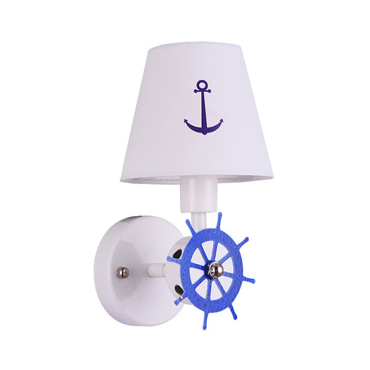 Fabric Tapered Shade Wall Light Sconce Kids Single Head White Wall Lighting with Rudder Decor Clearhalo 'Wall Lamps & Sconces' 'Wall Lights' Lighting' 1866847