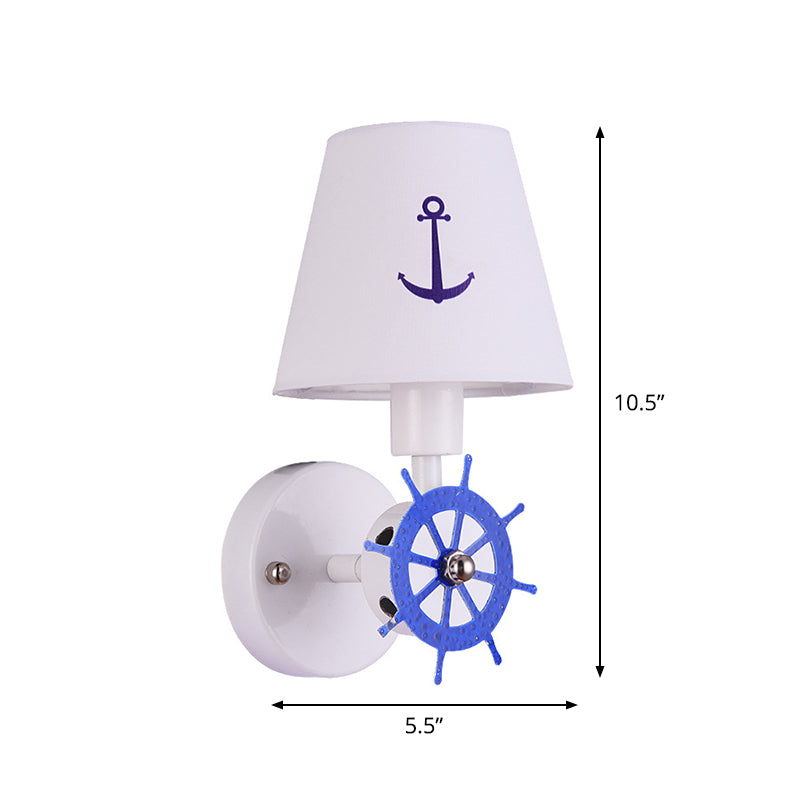 Fabric Tapered Shade Wall Light Sconce Kids Single Head White Wall Lighting with Rudder Decor Clearhalo 'Wall Lamps & Sconces' 'Wall Lights' Lighting' 1866849