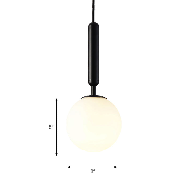 Spherical White Glass Suspension Pendant Modernist 1 Light 6"/8"/10" Wide Black/Gold Hanging Light Fixture Clearhalo 'Ceiling Lights' 'Glass shade' 'Glass' 'Island Lights' 'Modern Pendants' 'Modern' 'Pendant Lights' 'Pendants' Lighting' 186685