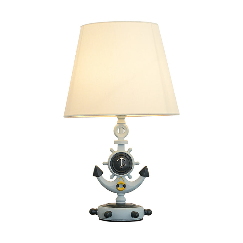 Black/Blue Anchor Base Desk Lamp Kids 1 Head Resin Task Lighting with Tapered White Fabric Shade Clearhalo 'Lamps' 'Table Lamps' Lighting' 1866852