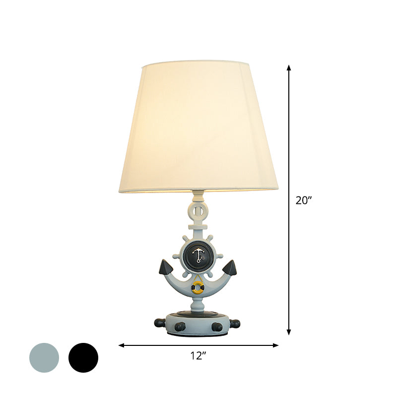Black/Blue Anchor Base Desk Lamp Kids 1 Head Resin Task Lighting with Tapered White Fabric Shade Clearhalo 'Lamps' 'Table Lamps' Lighting' 1866853