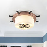 Drum Parlor Flush Mount Light White Glass LED Creative Ceiling Fixture with Rudder Design in Brown/Blue Brown Clearhalo 'Ceiling Lights' 'Close To Ceiling Lights' 'Close to ceiling' 'Flush mount' Lighting' 1866858