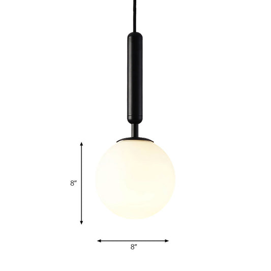 Spherical White Glass Suspension Pendant Modernist 1 Light 6"/8"/10" Wide Black/Gold Hanging Light Fixture Clearhalo 'Ceiling Lights' 'Glass shade' 'Glass' 'Island Lights' 'Modern Pendants' 'Modern' 'Pendant Lights' 'Pendants' Lighting' 186685