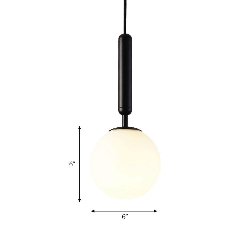 Spherical White Glass Suspension Pendant Modernist 1 Light 6"/8"/10" Wide Black/Gold Hanging Light Fixture Clearhalo 'Ceiling Lights' 'Glass shade' 'Glass' 'Island Lights' 'Modern Pendants' 'Modern' 'Pendant Lights' 'Pendants' Lighting' 186686