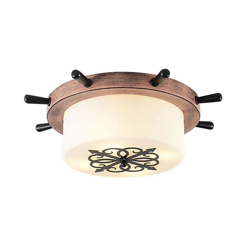 Drum Parlor Flush Mount Light White Glass LED Creative Ceiling Fixture with Rudder Design in Brown/Blue Clearhalo 'Ceiling Lights' 'Close To Ceiling Lights' 'Close to ceiling' 'Flush mount' Lighting' 1866860