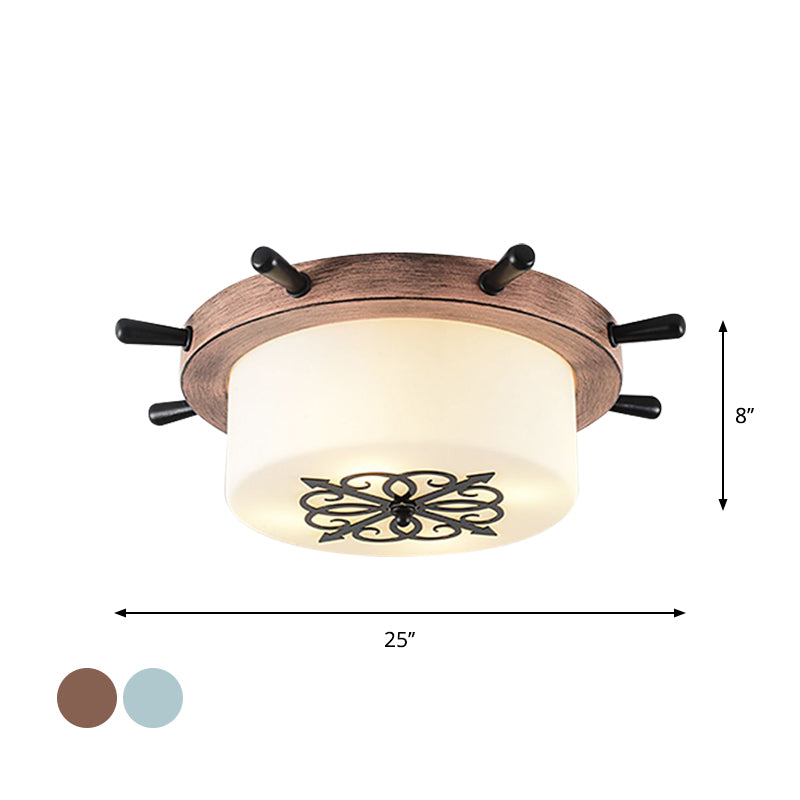 Drum Parlor Flush Mount Light White Glass LED Creative Ceiling Fixture with Rudder Design in Brown/Blue Clearhalo 'Ceiling Lights' 'Close To Ceiling Lights' 'Close to ceiling' 'Flush mount' Lighting' 1866861