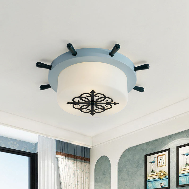 Drum Parlor Flush Mount Light White Glass LED Creative Ceiling Fixture with Rudder Design in Brown/Blue Blue Clearhalo 'Ceiling Lights' 'Close To Ceiling Lights' 'Close to ceiling' 'Flush mount' Lighting' 1866862