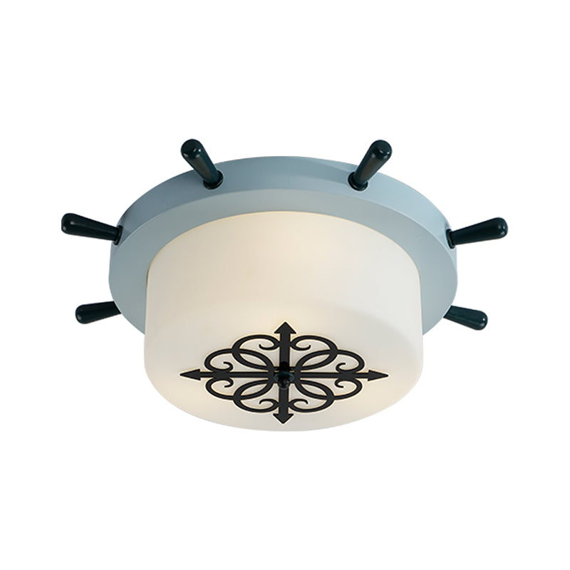 Drum Parlor Flush Mount Light White Glass LED Creative Ceiling Fixture with Rudder Design in Brown/Blue Clearhalo 'Ceiling Lights' 'Close To Ceiling Lights' 'Close to ceiling' 'Flush mount' Lighting' 1866864