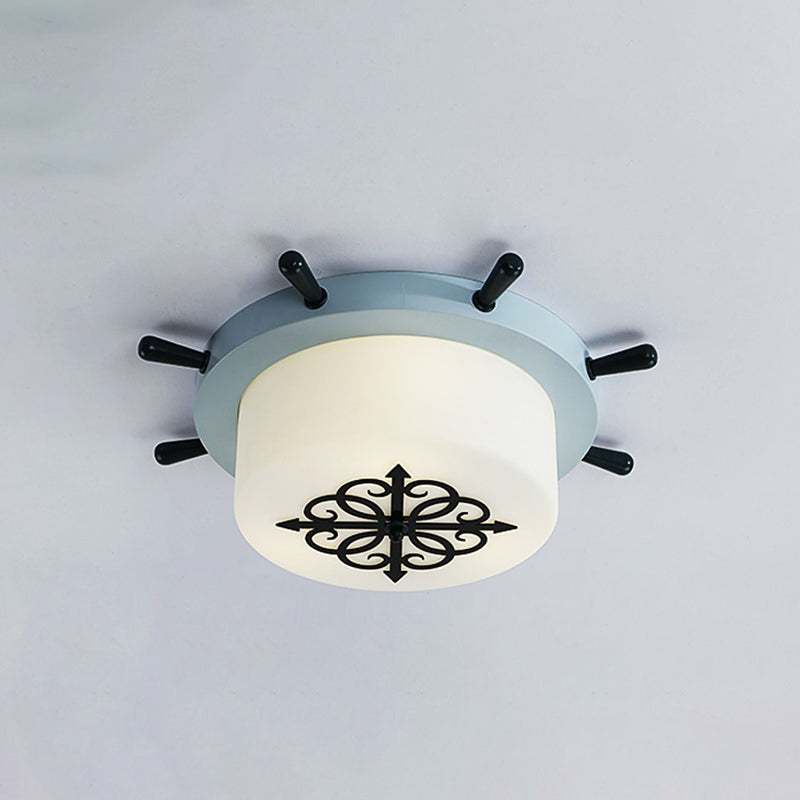 Drum Parlor Flush Mount Light White Glass LED Creative Ceiling Fixture with Rudder Design in Brown/Blue Clearhalo 'Ceiling Lights' 'Close To Ceiling Lights' 'Close to ceiling' 'Flush mount' Lighting' 1866865