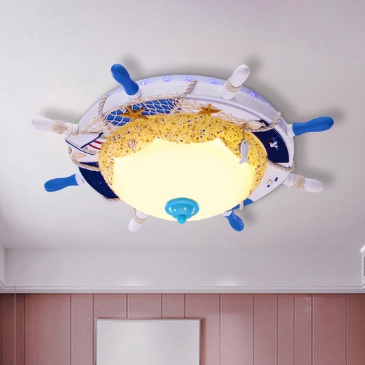 Creative Domed Close to Ceiling Lamp Opal Glass LED Bedroom Flushmount with Rudder and Beach Design in Blue, Warm/White Light Blue Clearhalo 'Ceiling Lights' 'Close To Ceiling Lights' 'Close to ceiling' 'Flush mount' Lighting' 1866882