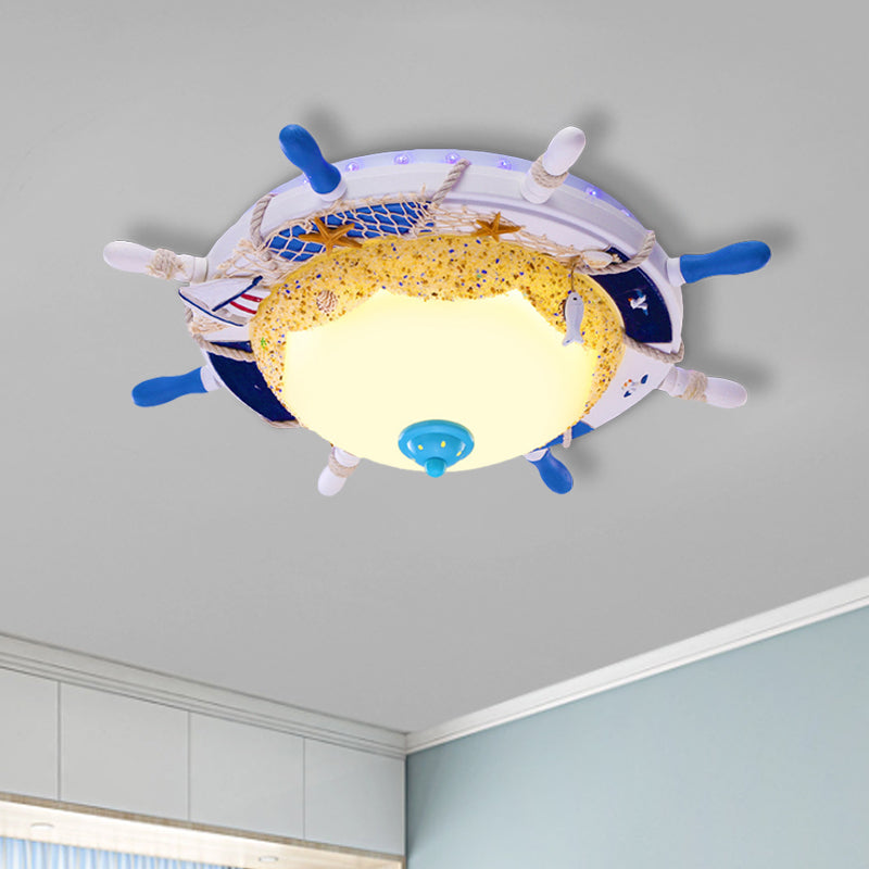 Creative Domed Close to Ceiling Lamp Opal Glass LED Bedroom Flushmount with Rudder and Beach Design in Blue, Warm/White Light Clearhalo 'Ceiling Lights' 'Close To Ceiling Lights' 'Close to ceiling' 'Flush mount' Lighting' 1866883