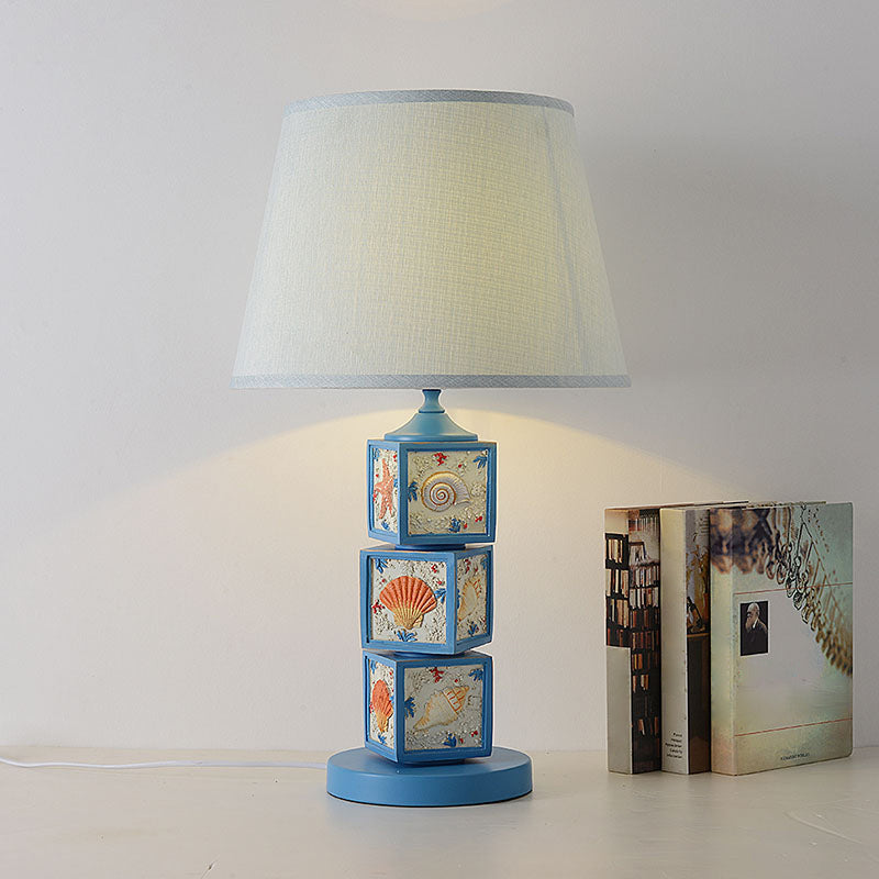 Stacked Cube Desk Lighting Mediterranean Resin 1 Bulb Light/Sky Blue Night Lamp with Barrel Fabric Shade Sky Blue Clearhalo 'Lamps' 'Table Lamps' Lighting' 1866890