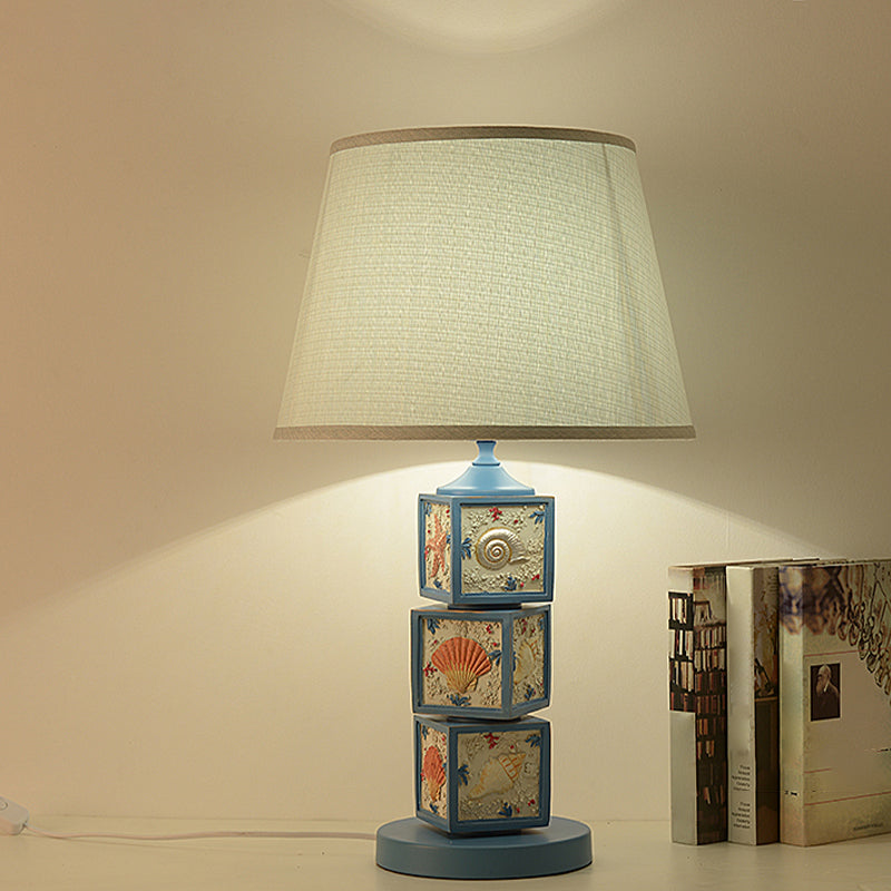 Stacked Cube Desk Lighting Mediterranean Resin 1 Bulb Light/Sky Blue Night Lamp with Barrel Fabric Shade Clearhalo 'Lamps' 'Table Lamps' Lighting' 1866891