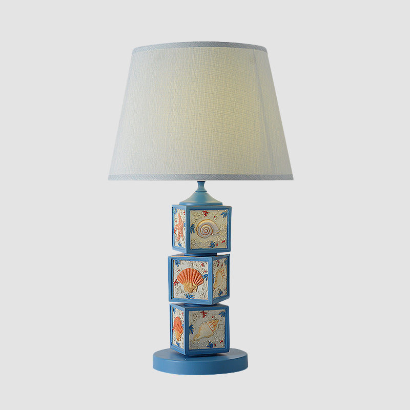 Stacked Cube Desk Lighting Mediterranean Resin 1 Bulb Light/Sky Blue Night Lamp with Barrel Fabric Shade Clearhalo 'Lamps' 'Table Lamps' Lighting' 1866893