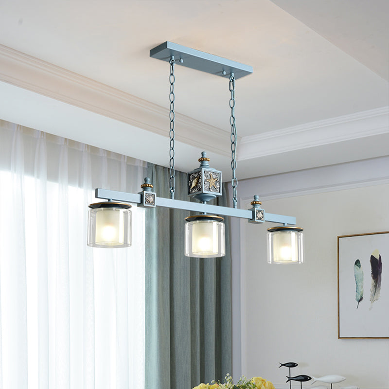 Dual Cylinder Parlor Island Lighting Clear and Frosted Glass 3 Bulbs Simple Pendant Lamp in Sky/Light Blue Light Blue Clearhalo 'Ceiling Lights' 'Glass shade' 'Glass' 'Island Lights' 'Pendant Lights' Lighting' 1866902