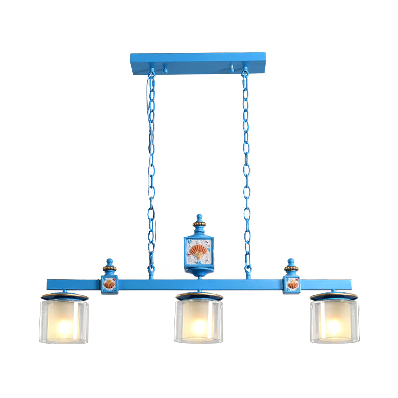 Dual Cylinder Parlor Island Lighting Clear and Frosted Glass 3 Bulbs Simple Pendant Lamp in Sky/Light Blue Clearhalo 'Ceiling Lights' 'Glass shade' 'Glass' 'Island Lights' 'Pendant Lights' Lighting' 1866909